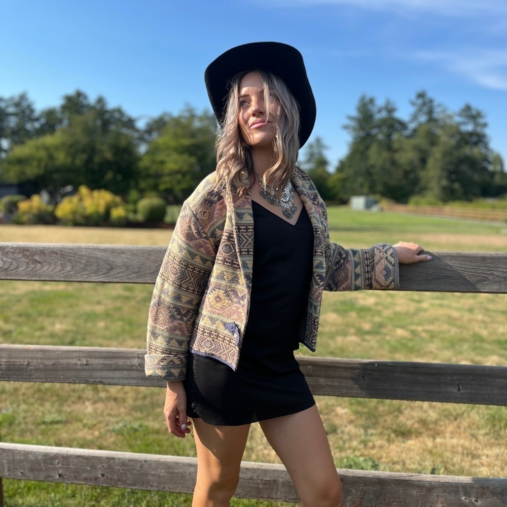 Patterned Beige Bomber Jacket - Women's Aztec-Inspired Coat